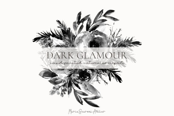 Moody Black White Watercolor Floral Bouquet